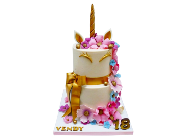 Dětský dort s jednorožcem, květinami a mašlí