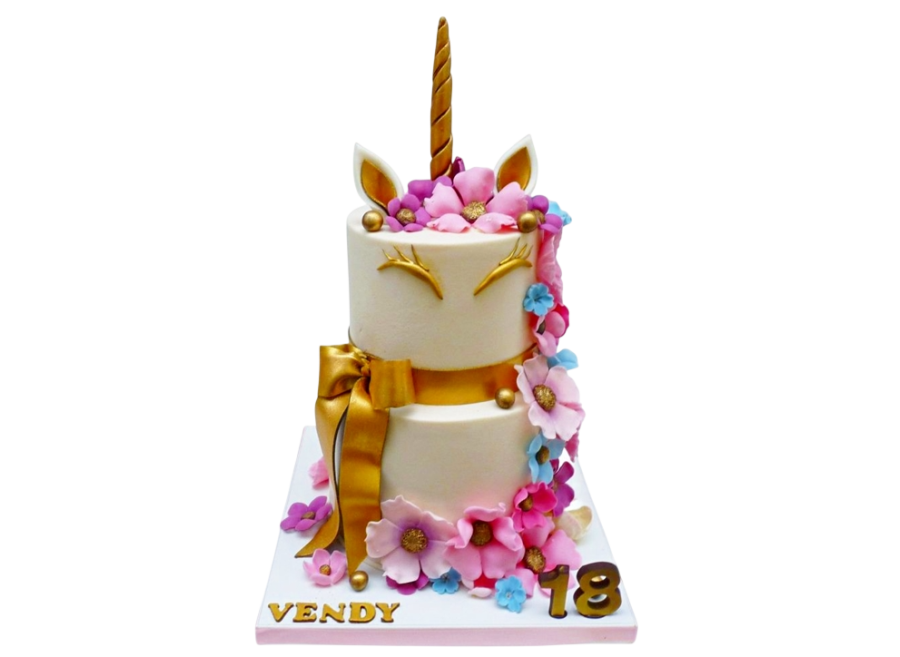 Dětský dort s jednorožcem, květinami a mašlí