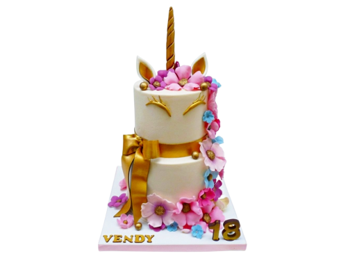 Dětský dort s jednorožcem, květinami a mašlí