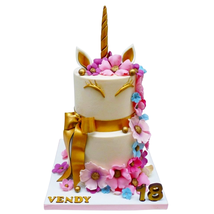Dětský dort s jednorožcem, květinami a mašlí