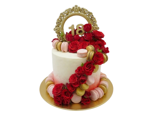 Slavnostní dort s růžemi a makronkami