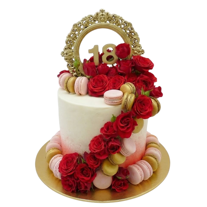 Slavnostní dort s růžemi a makronkami