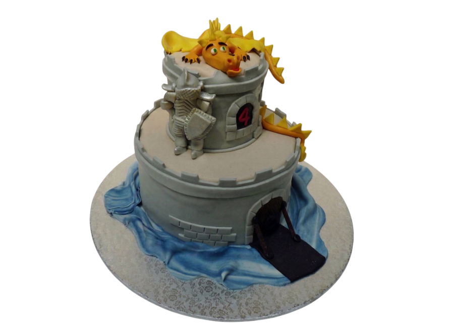 Dětský dort hradní věž s rytířem a drakem