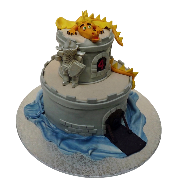 Dětský dort hradní věž s rytířem a drakem